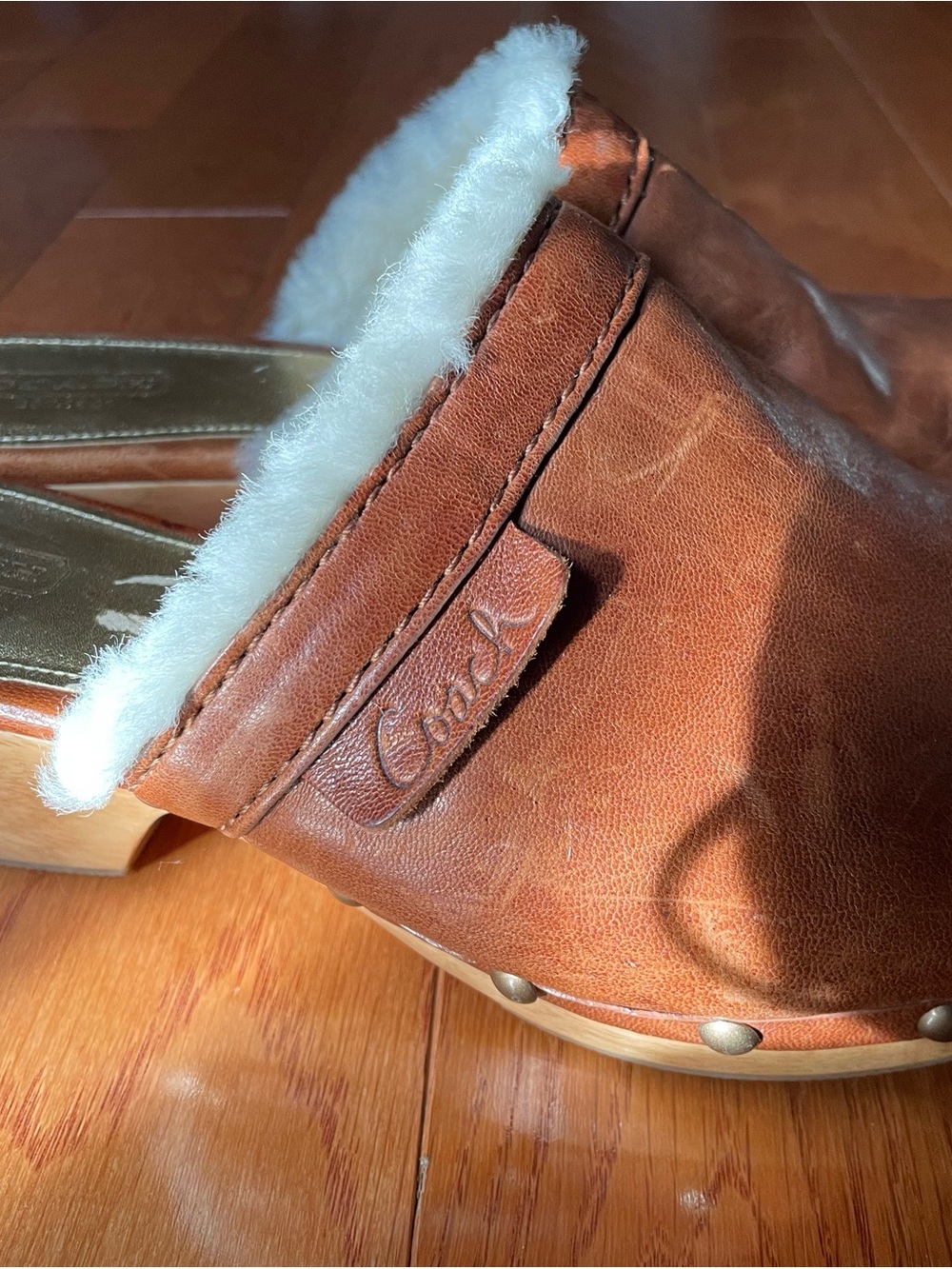 Coach Brown Leather Shearling-Trim Clog